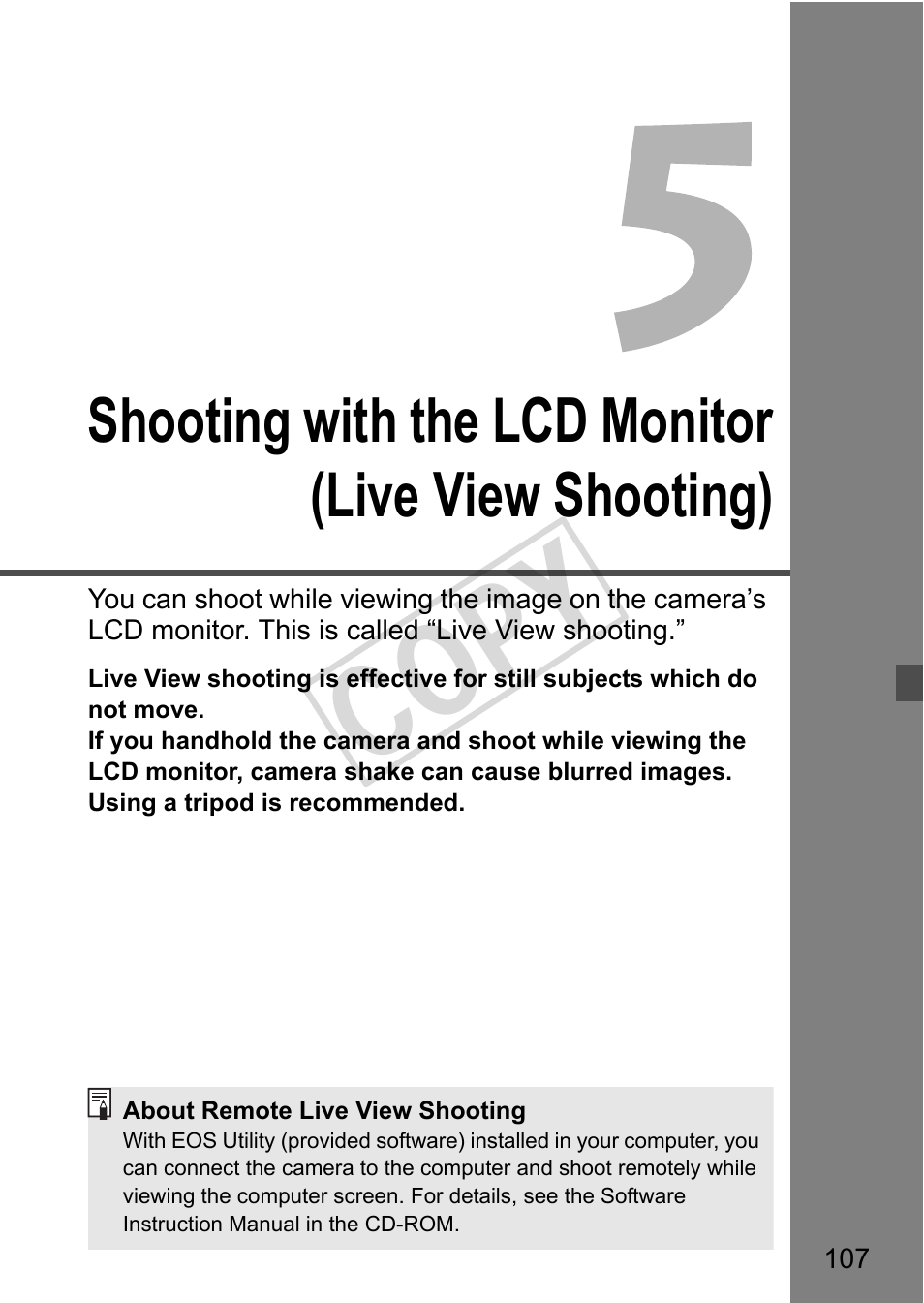 Cop y, Shooting with the lcd monitor (live view shooting) | Canon eos rebel T2i User Manual | Page 107 / 260