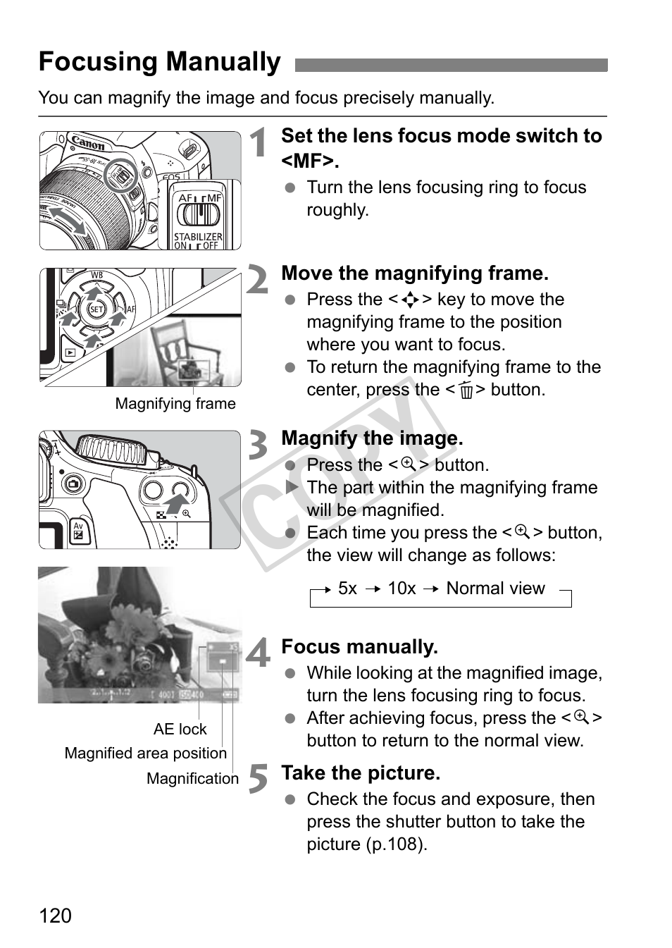 Cop y, Focusing manually | Canon eos rebel T2i User Manual | Page 120 / 260