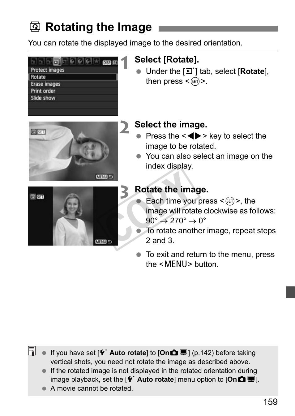 Cop y, Brotating the image | Canon eos rebel T2i User Manual | Page 159 / 260