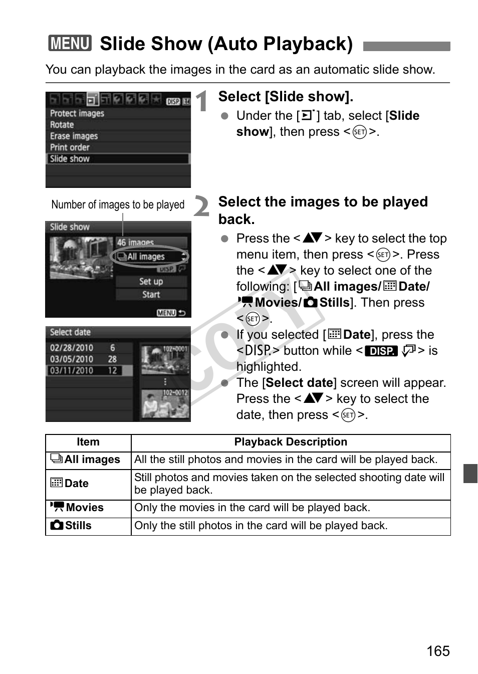 Cop y, 3slide show (auto playback) | Canon eos rebel T2i User Manual | Page 165 / 260