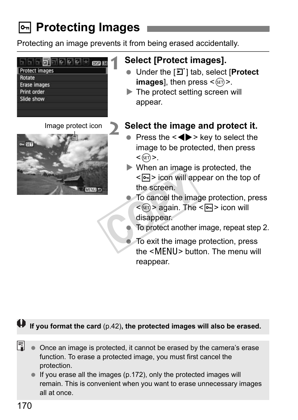 Cop y, K protecting images | Canon eos rebel T2i User Manual | Page 170 / 260