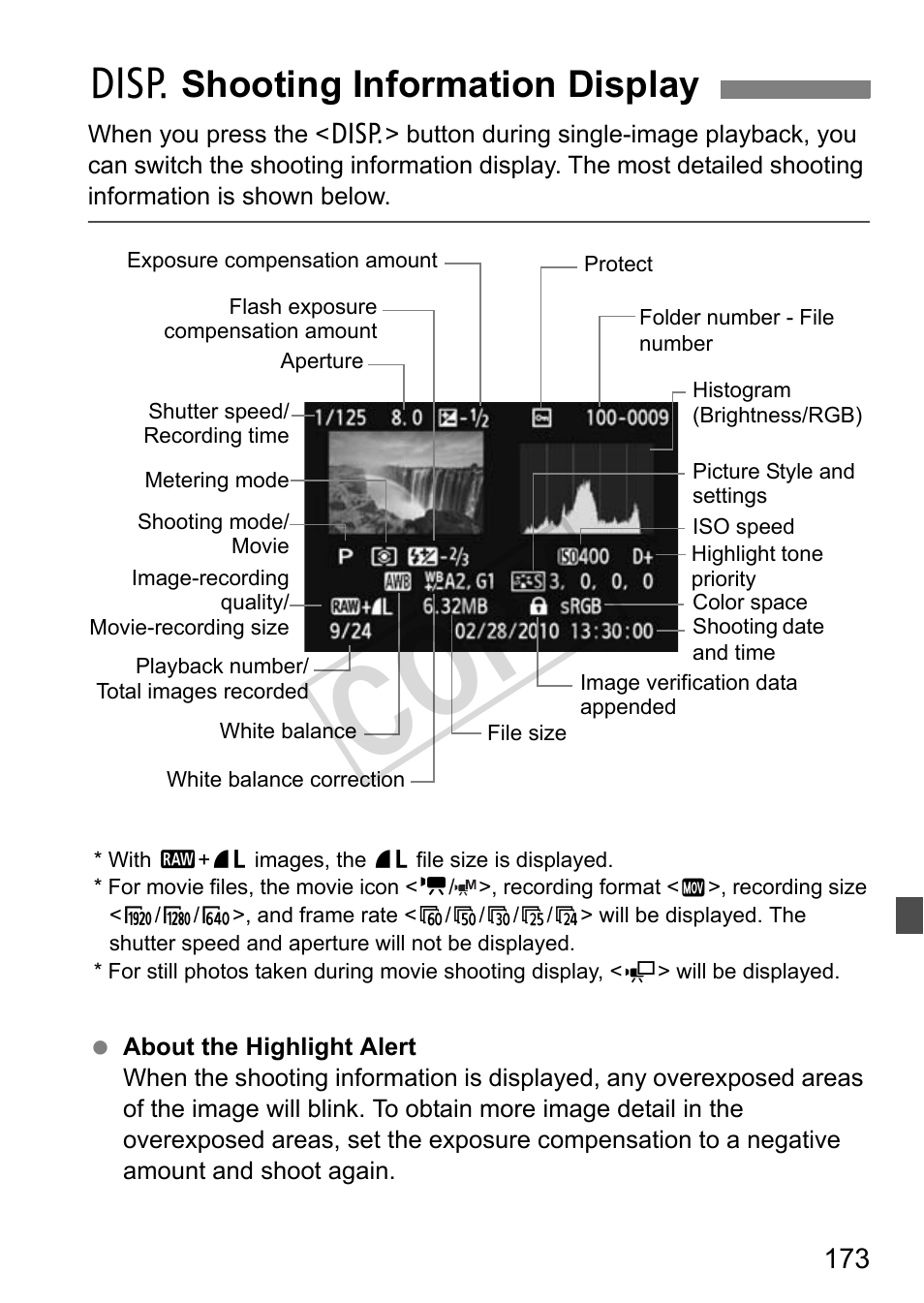 Cop y, B shooting information display | Canon eos rebel T2i User Manual | Page 173 / 260