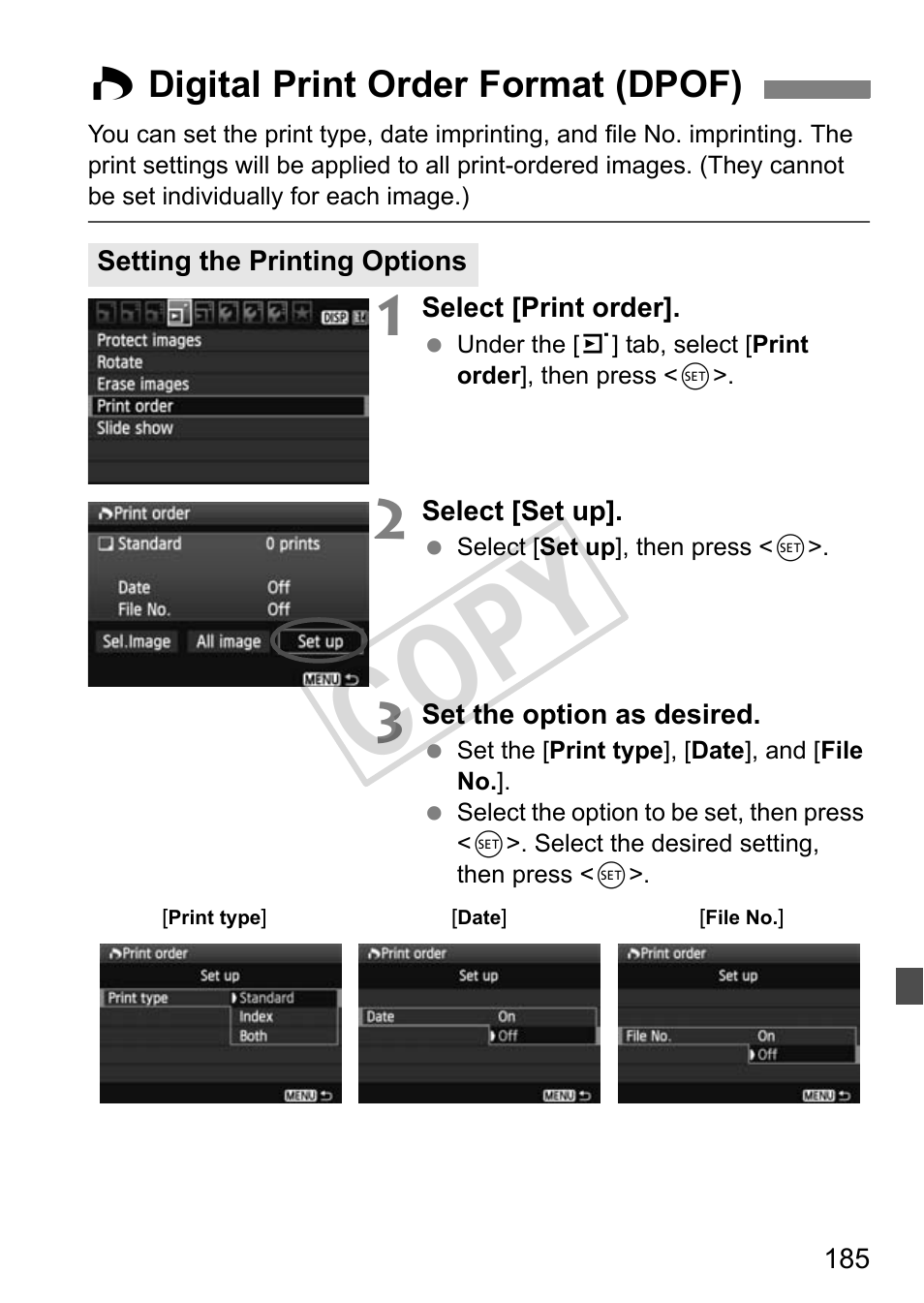 Cop y, W digital print order format (dpof) | Canon eos rebel T2i User Manual | Page 185 / 260