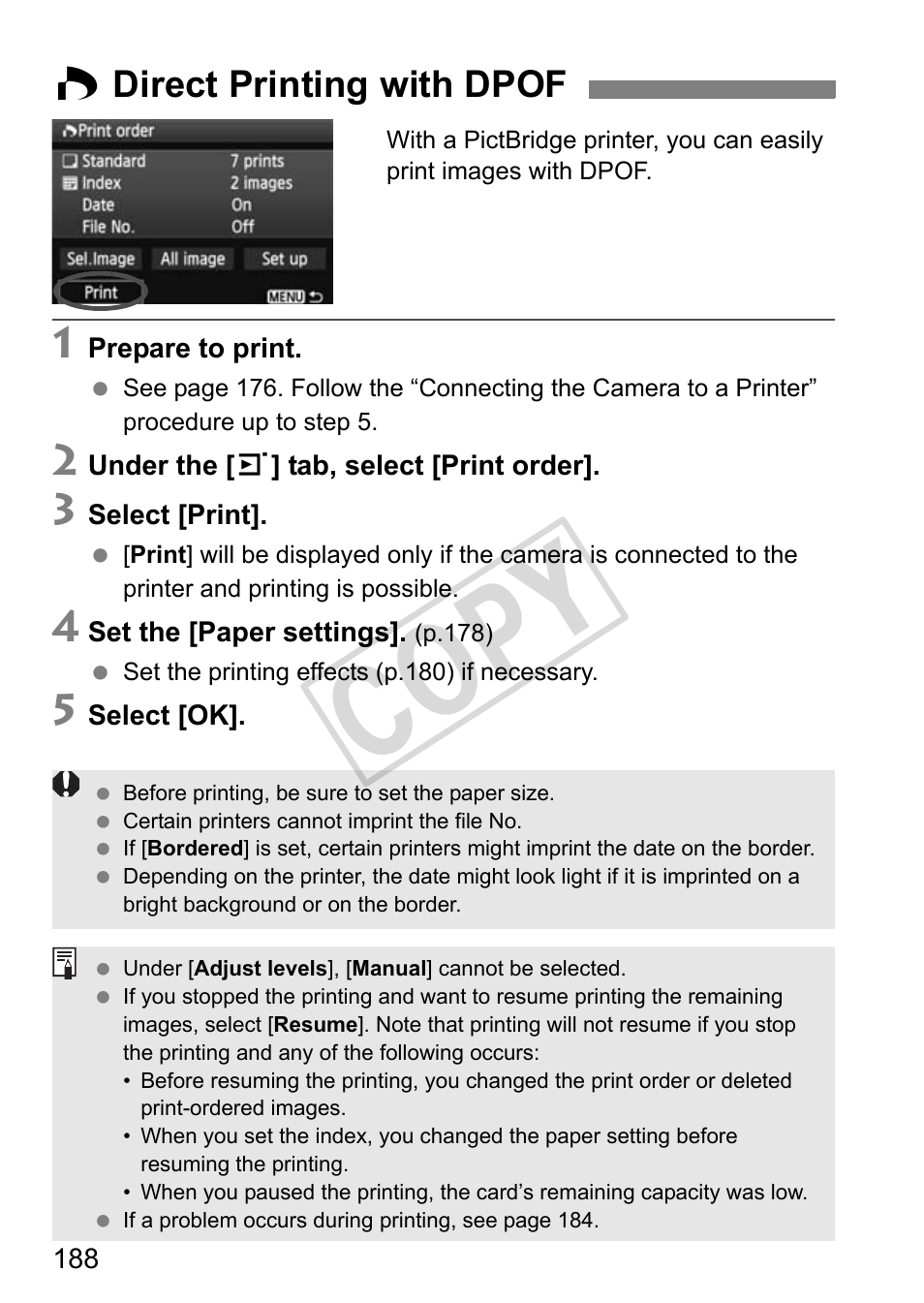 Cop y, W direct printing with dpof | Canon eos rebel T2i User Manual | Page 188 / 260