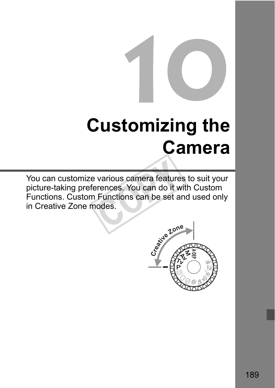 Cop y, Customizing the camera | Canon eos rebel T2i User Manual | Page 189 / 260