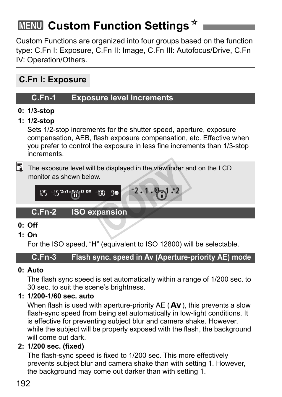 Cop y, 3custom function settings n | Canon eos rebel T2i User Manual | Page 192 / 260