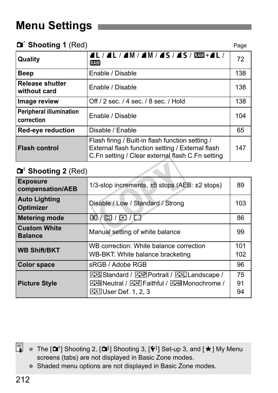 Cop y, Menu settings | Canon eos rebel T2i User Manual | Page 212 / 260