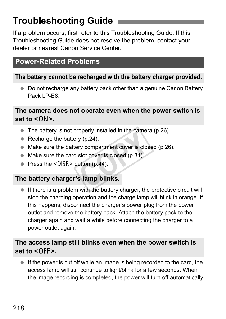 Cop y, Troubleshooting guide | Canon eos rebel T2i User Manual | Page 218 / 260