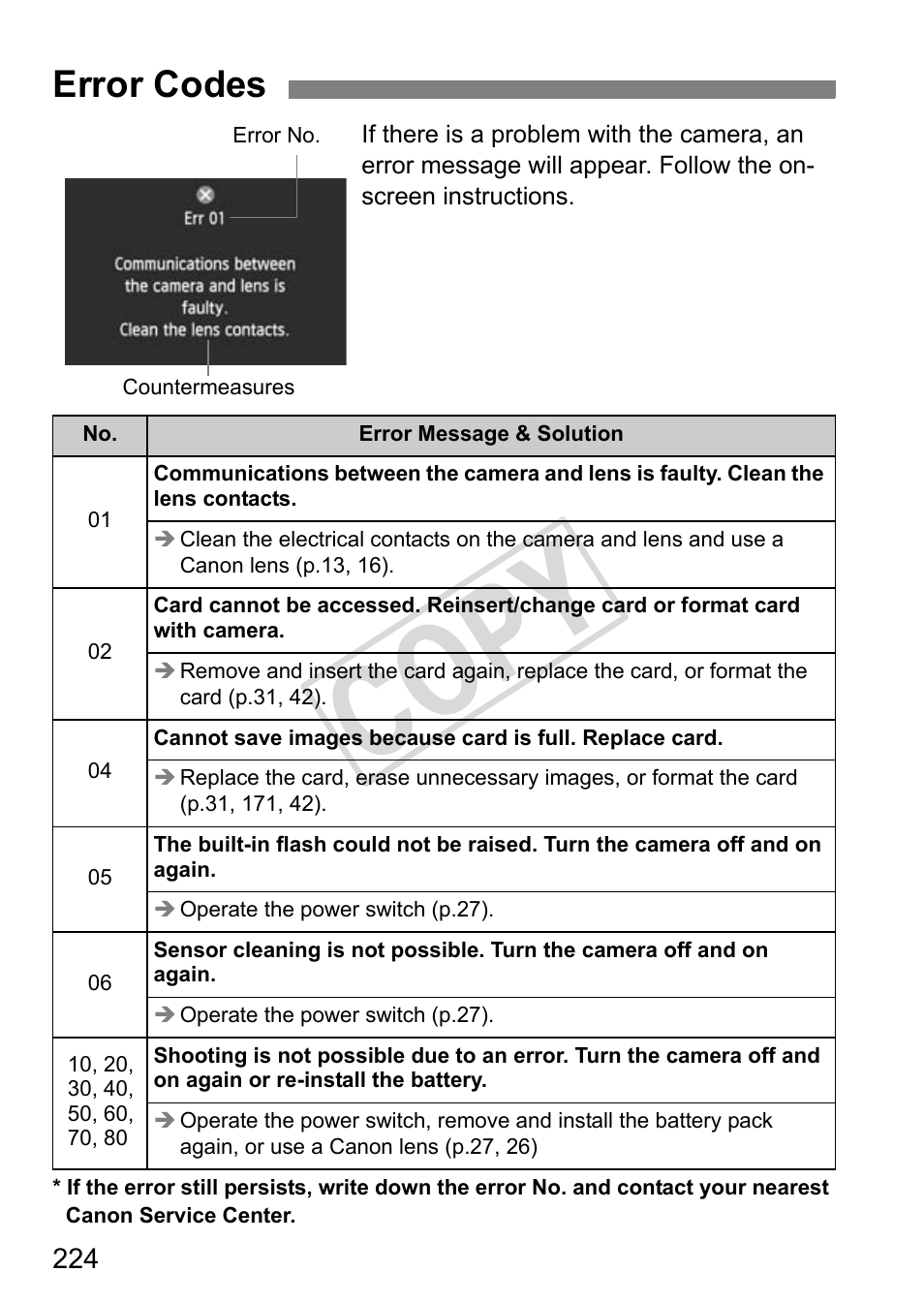 Cop y, Error codes | Canon eos rebel T2i User Manual | Page 224 / 260