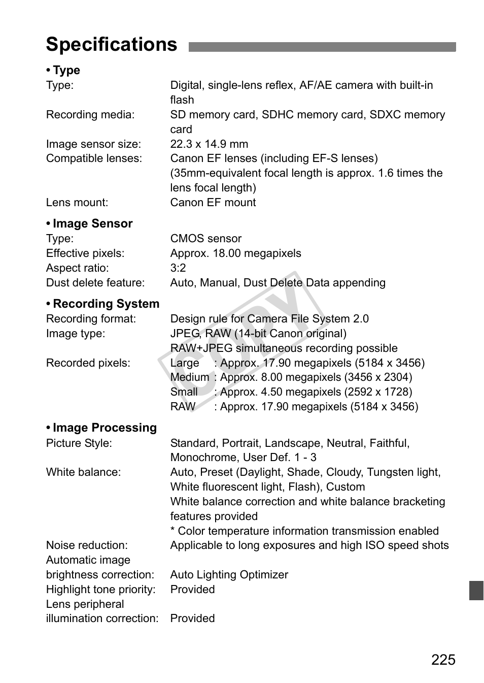 Cop y, Specifications | Canon eos rebel T2i User Manual | Page 225 / 260