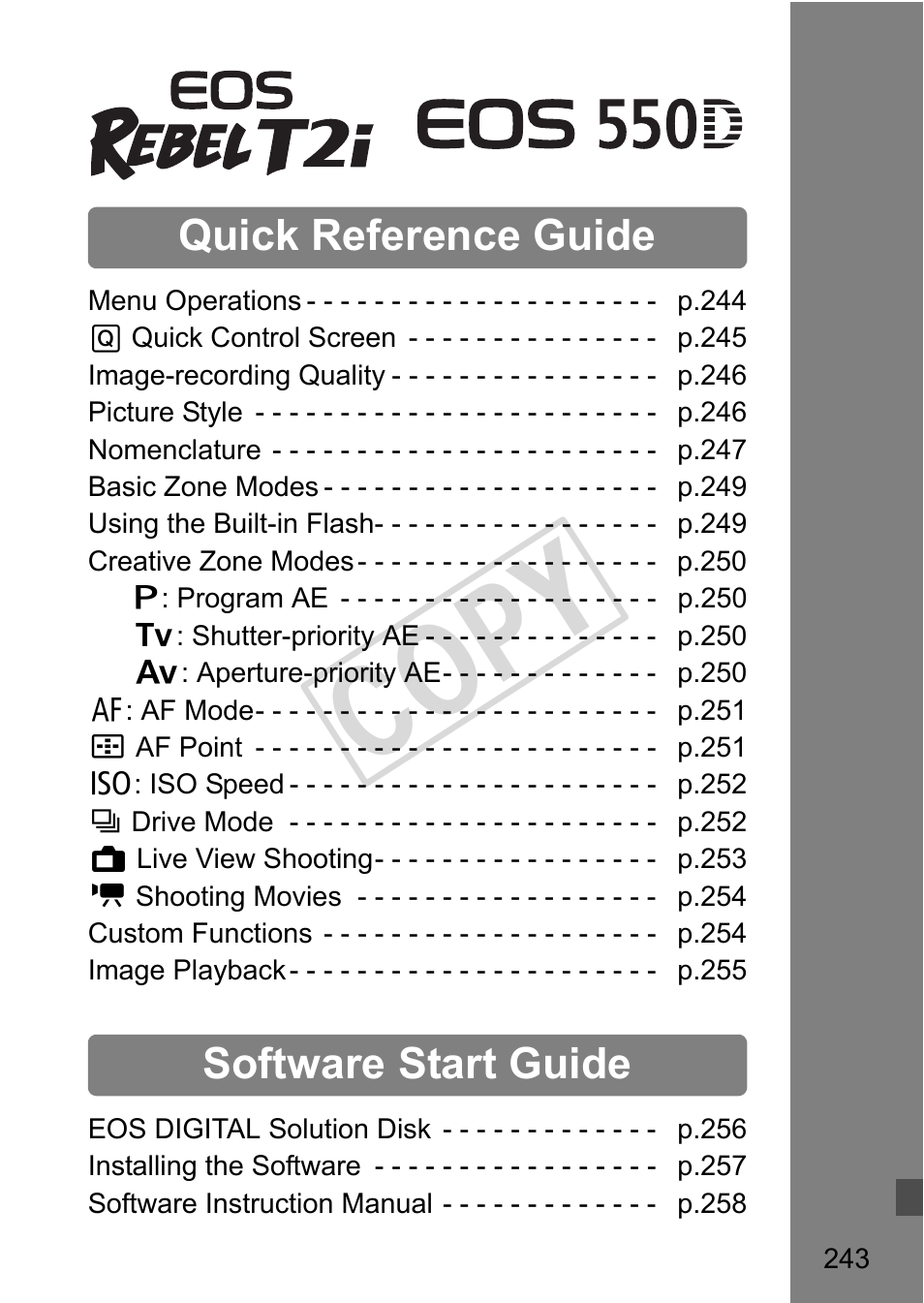 Cop y, Quick reference guide, Software start guide | Canon eos rebel T2i User Manual | Page 243 / 260