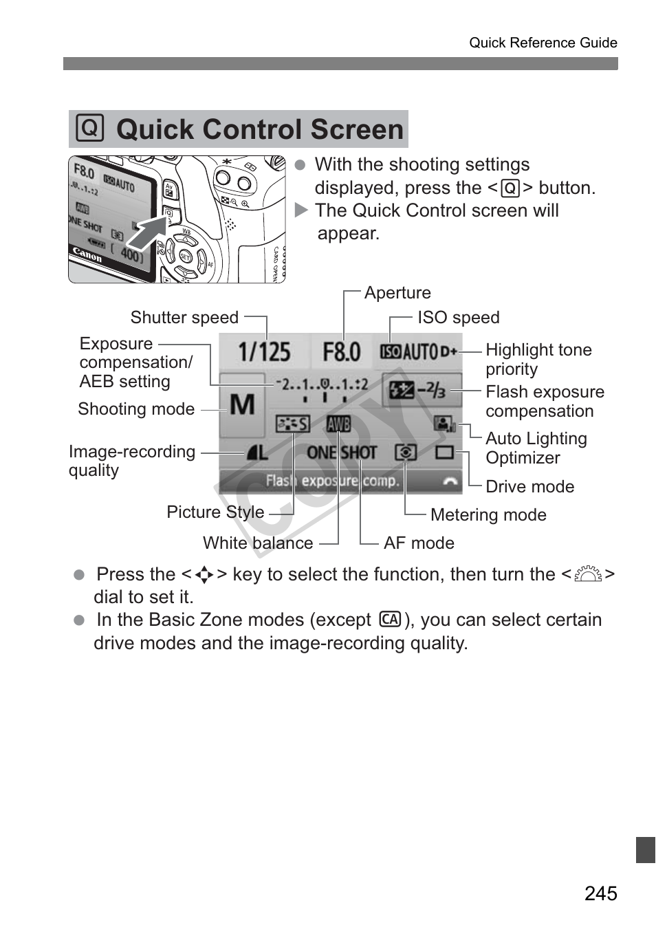 Cop y, Q quick control screen | Canon eos rebel T2i User Manual | Page 245 / 260