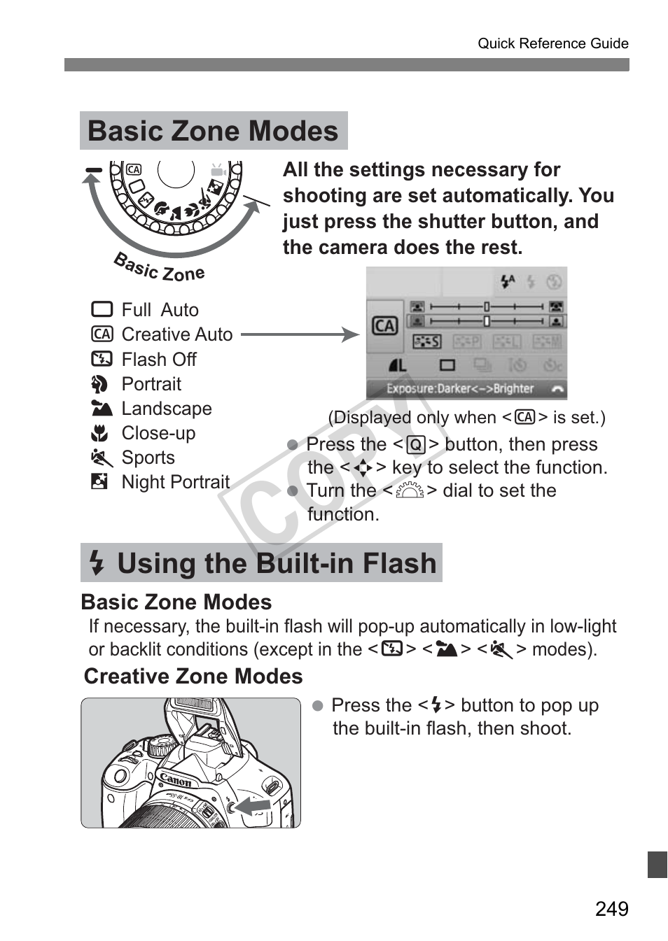 Cop y, Basic zone modes d using the built-in flash | Canon eos rebel T2i User Manual | Page 249 / 260