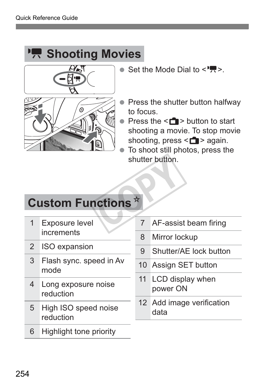 Cop y, K shooting movies custom functions n | Canon eos rebel T2i User Manual | Page 254 / 260