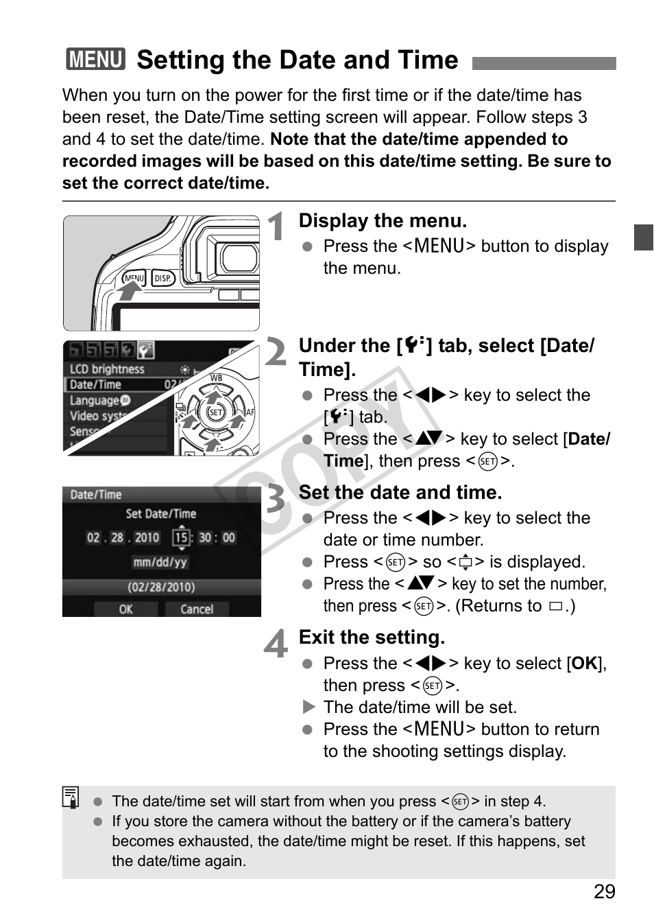 Cop y, 3setting the date and time | Canon eos rebel T2i User Manual | Page 29 / 260