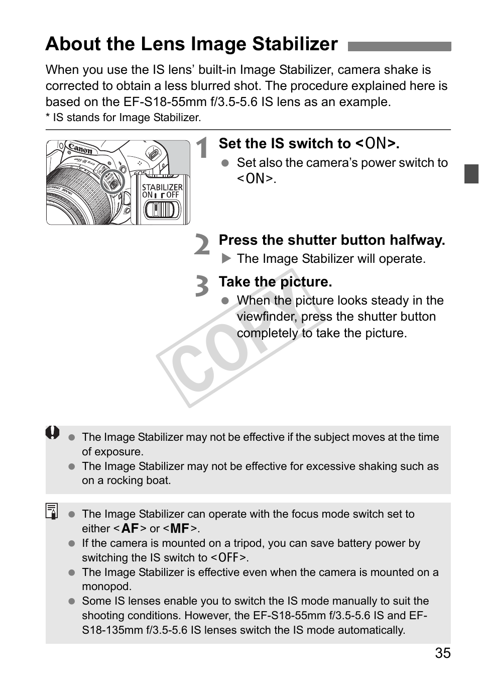 Cop y, About the lens image stabilizer | Canon eos rebel T2i User Manual | Page 35 / 260