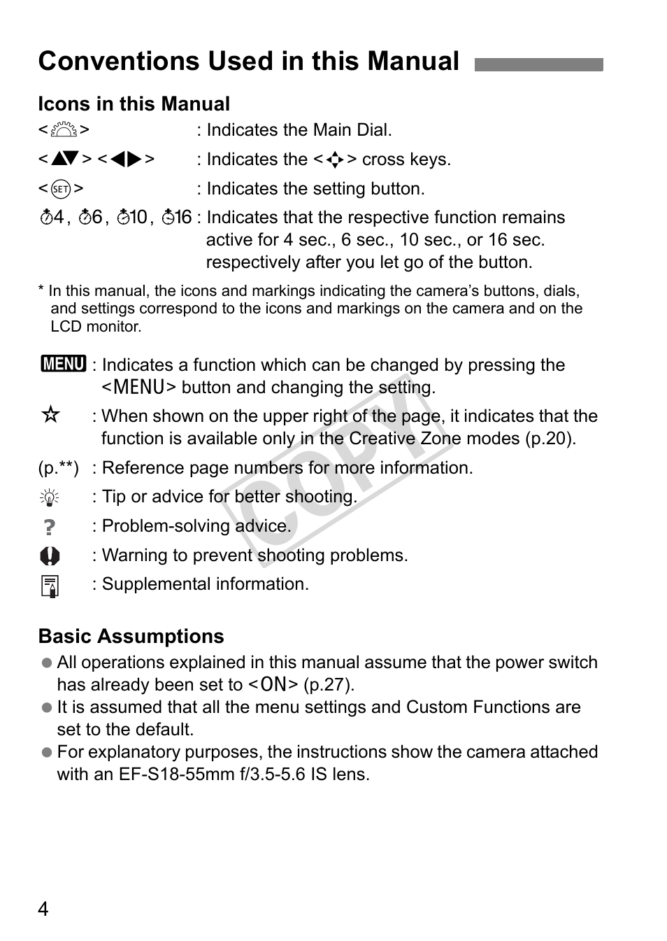 Cop y, Conventions used in this manual | Canon eos rebel T2i User Manual | Page 4 / 260