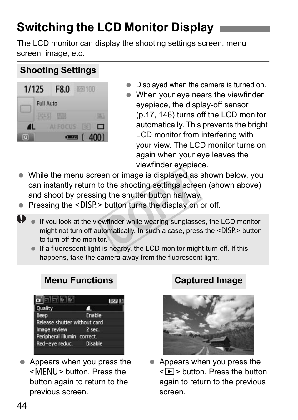 Cop y, Switching the lcd monitor display | Canon eos rebel T2i User Manual | Page 44 / 260