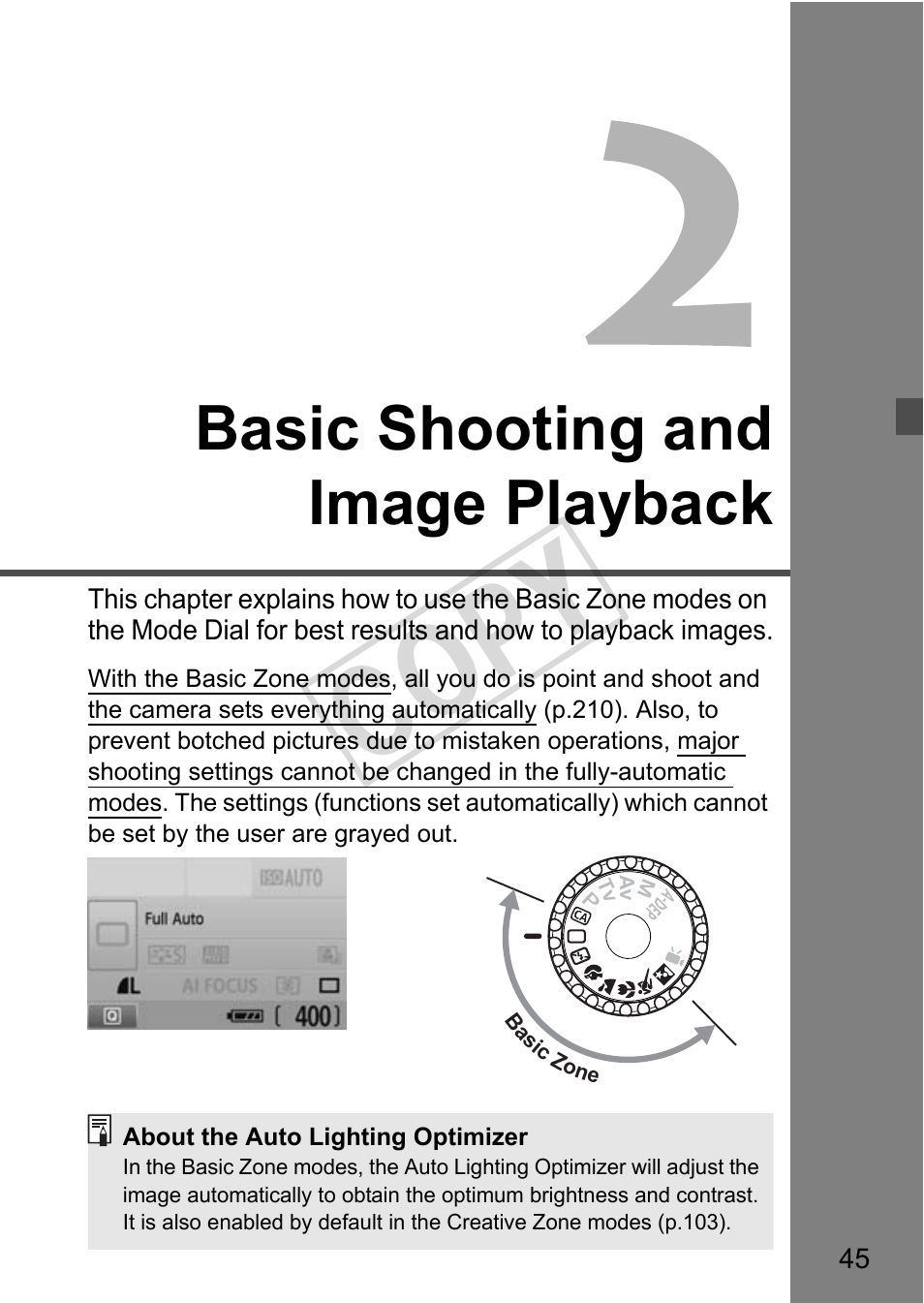 Cop y, Basic shooting and image playback | Canon eos rebel T2i User Manual | Page 45 / 260