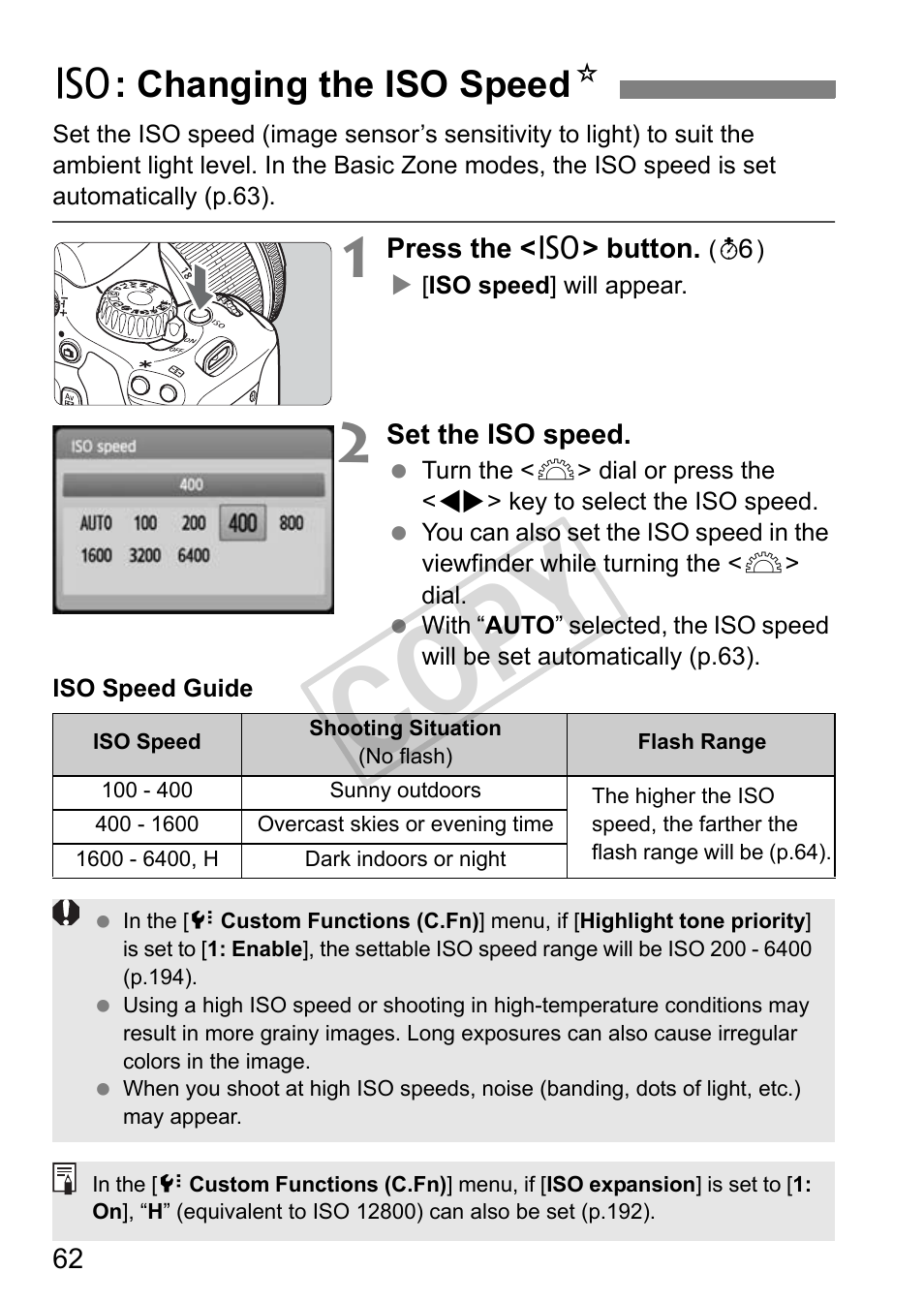 Cop y, Z: changing the iso speed n | Canon eos rebel T2i User Manual | Page 62 / 260