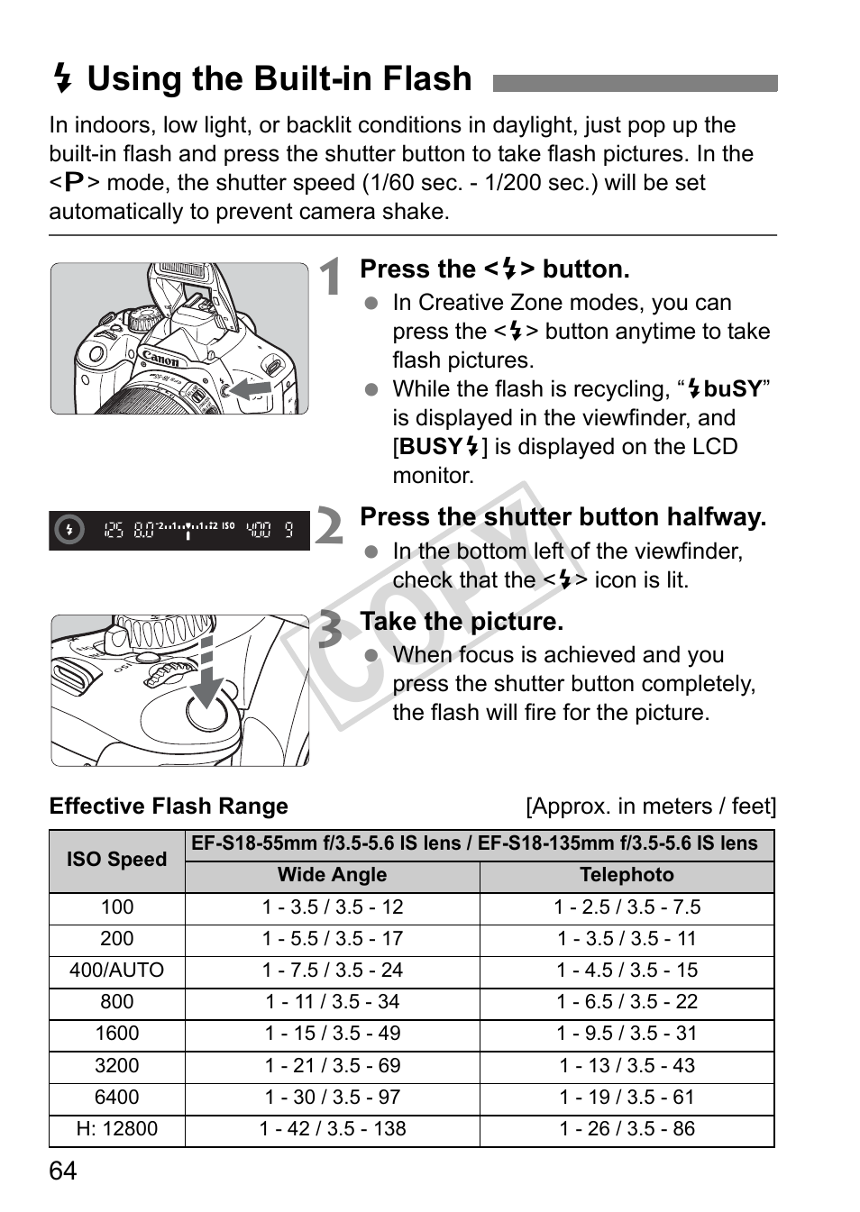 Cop y, Dusing the built-in flash | Canon eos rebel T2i User Manual | Page 64 / 260