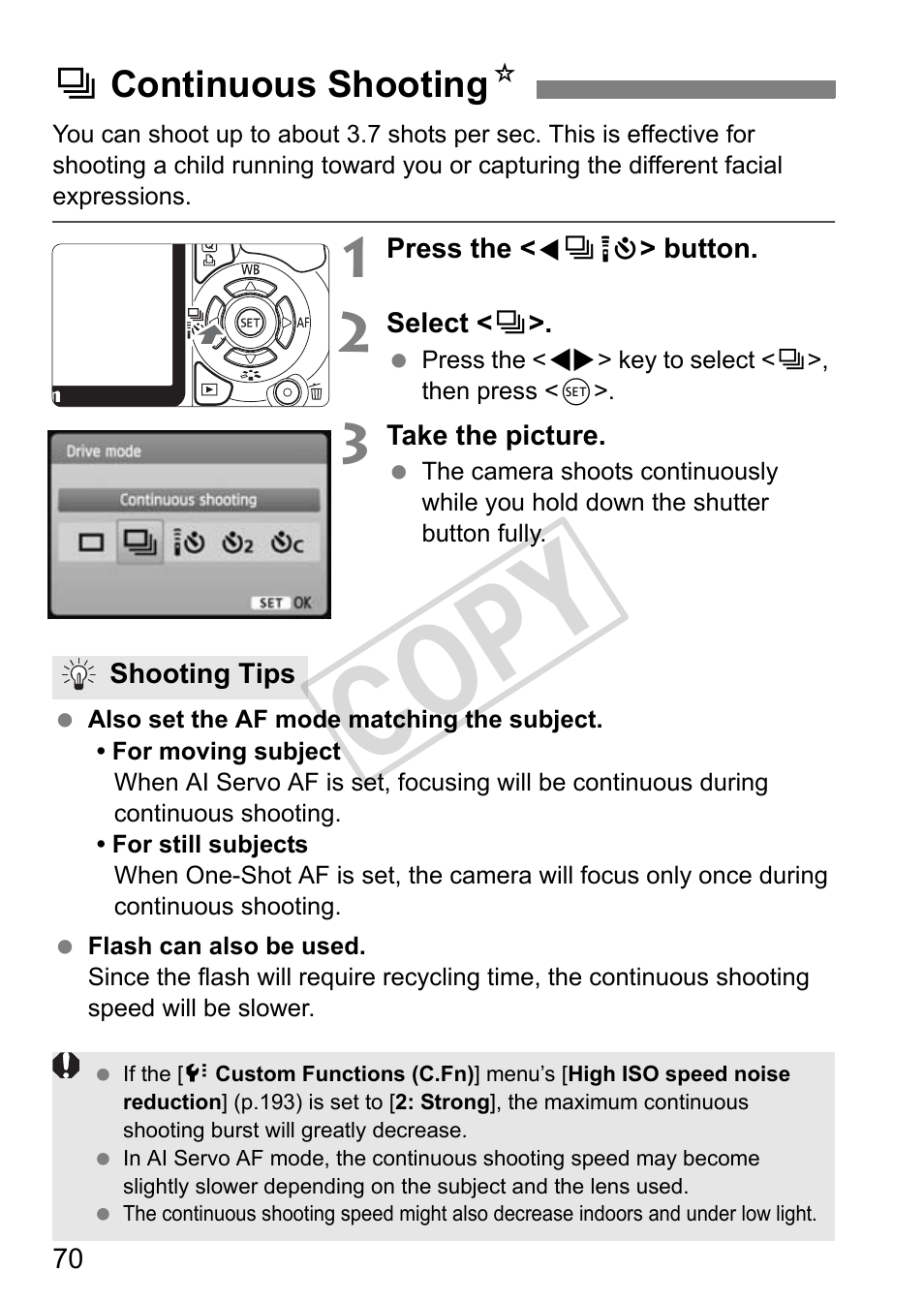 Cop y, Icontinuous shooting n | Canon eos rebel T2i User Manual | Page 70 / 260