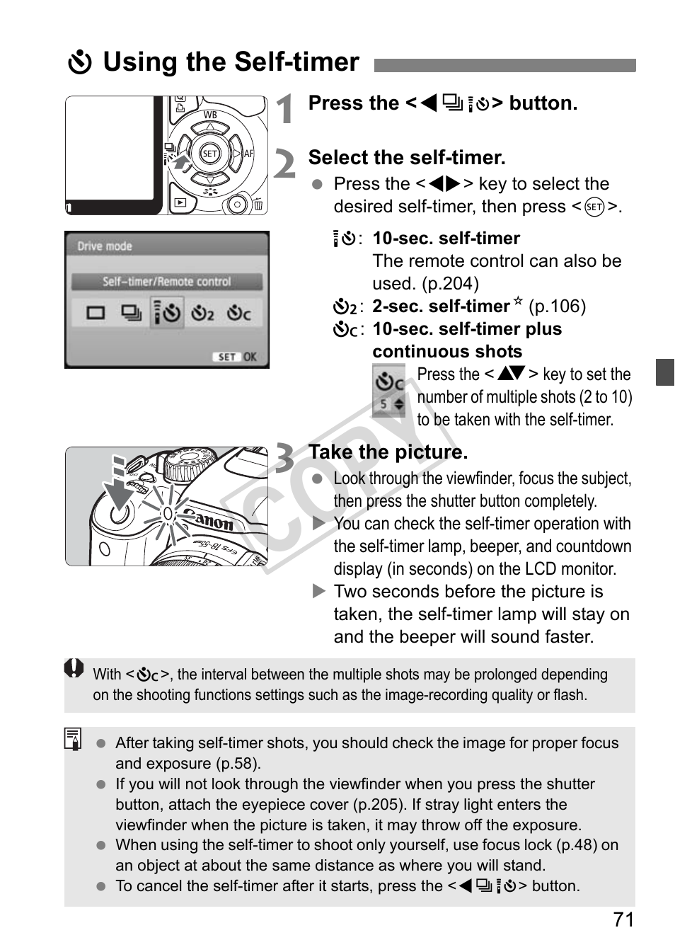 Cop y, Jusing the self-timer | Canon eos rebel T2i User Manual | Page 71 / 260