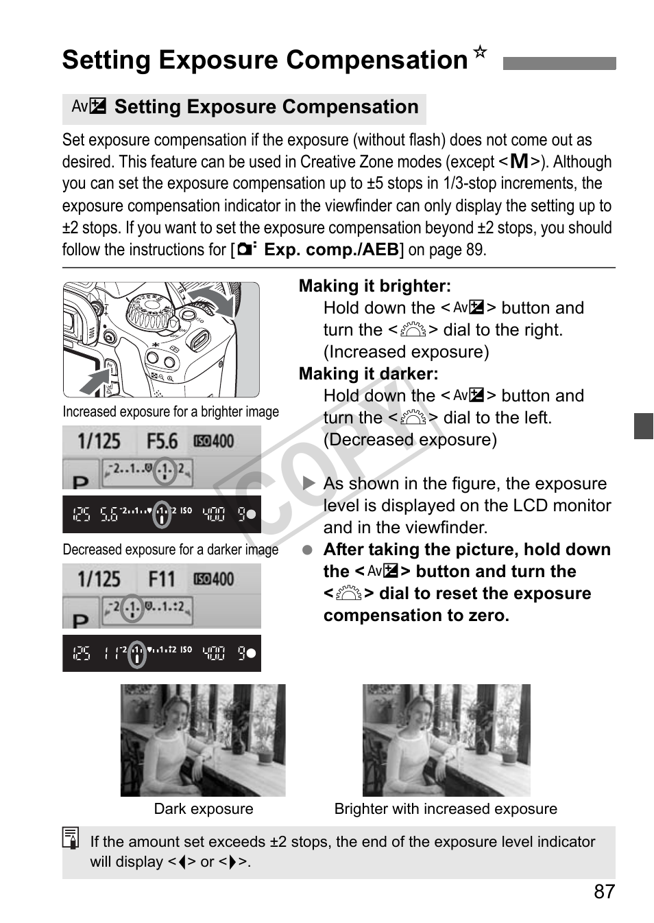 Cop y, Setting exposure compensation n | Canon eos rebel T2i User Manual | Page 87 / 260