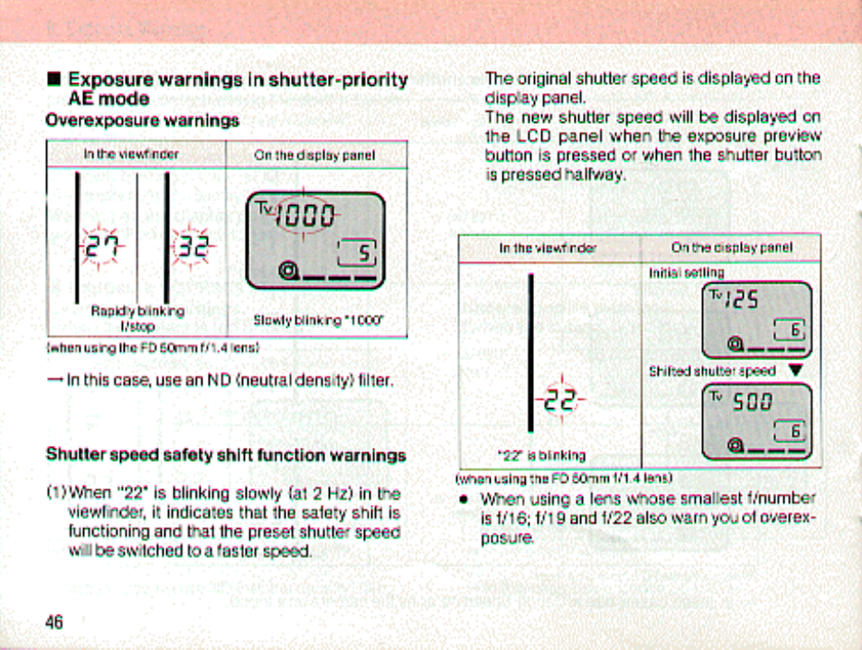 Exposure warnings in shutter-priority ae mode | Canon t70 User Manual | Page 46 / 77