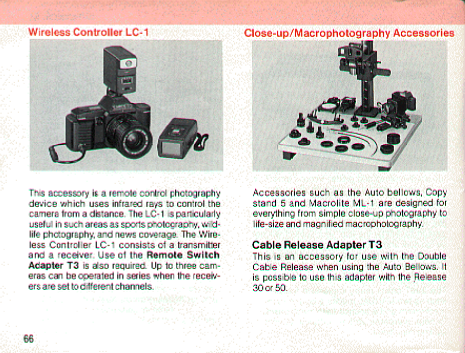Wiroloss controller lc-1, Close-up/macro photography accessories, Cable release adapter t3 | Canon t70 User Manual | Page 66 / 77