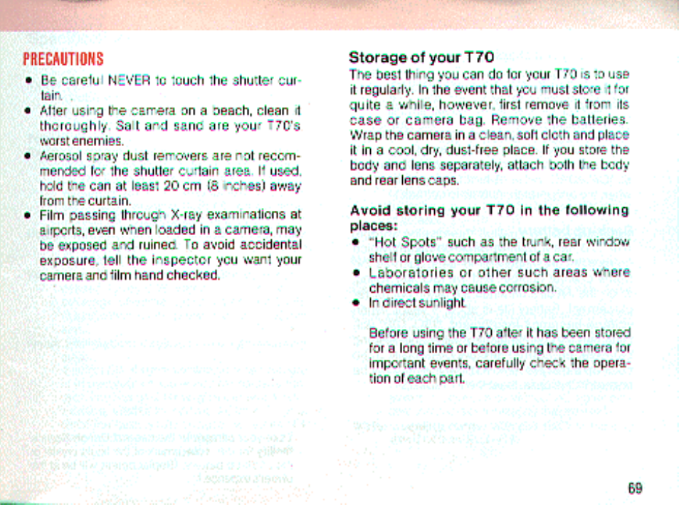 Precautions | Canon t70 User Manual | Page 69 / 77