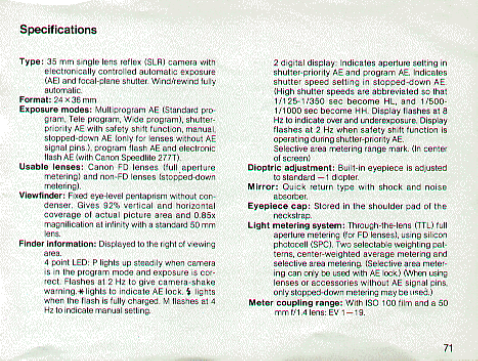 Specifications | Canon t70 User Manual | Page 71 / 77