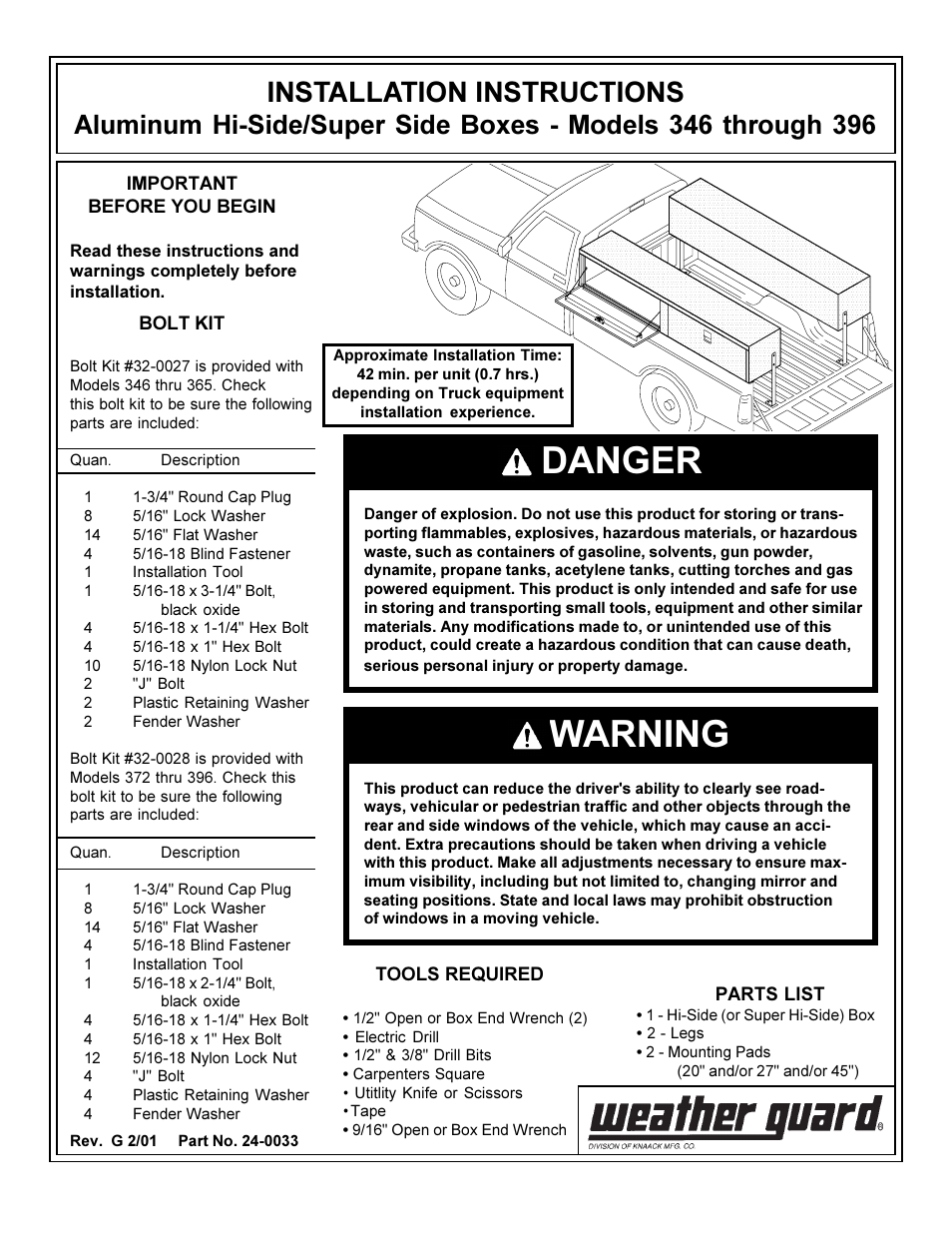 WEATHER GUARD Model 347-5-02 Super Hi-Side Box, Aluminum, 11.8 cu ft User Manual | 2 pages