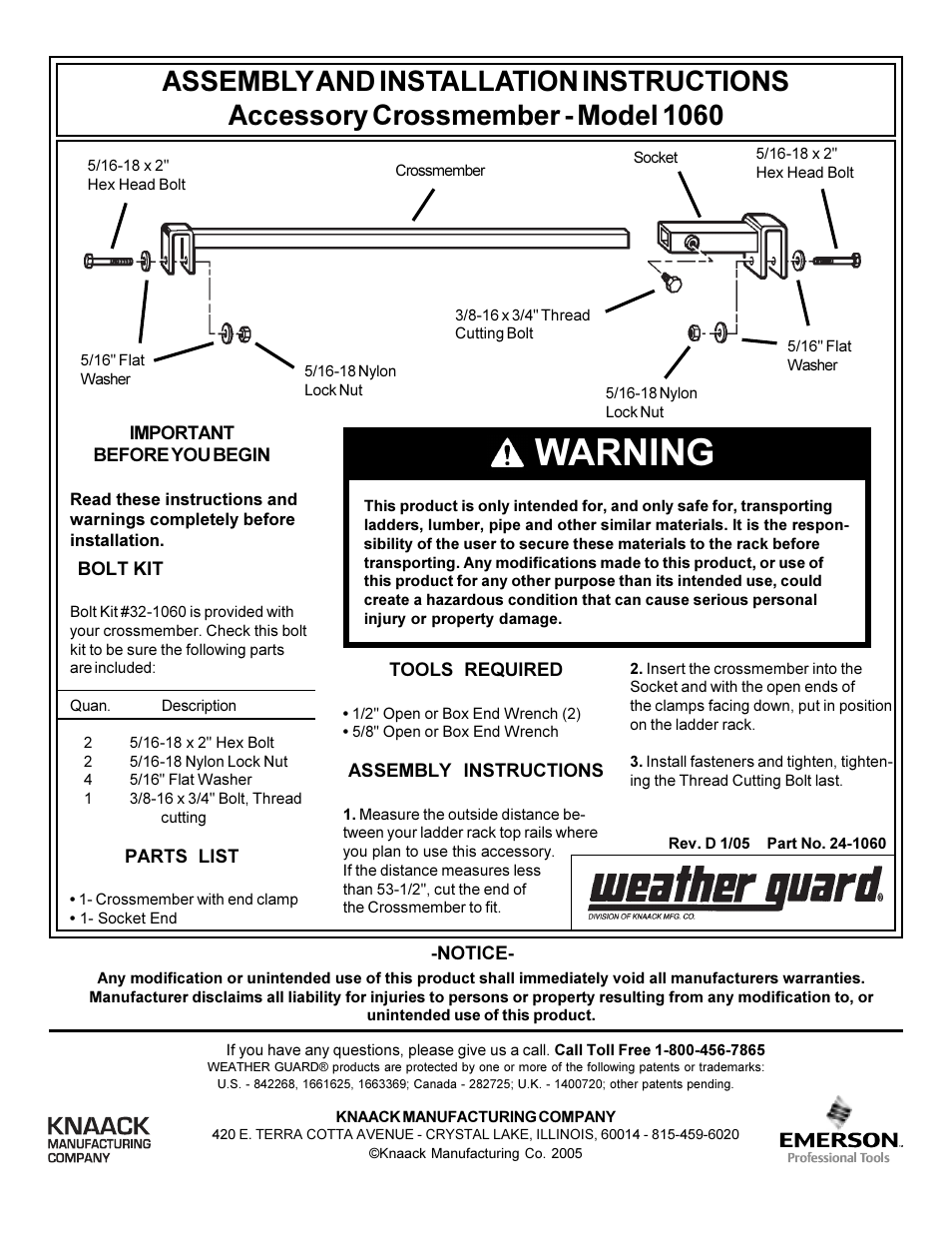 WEATHER GUARD Model 1060-5 FAST RACK® Accessory Cross Member User Manual | 1 page