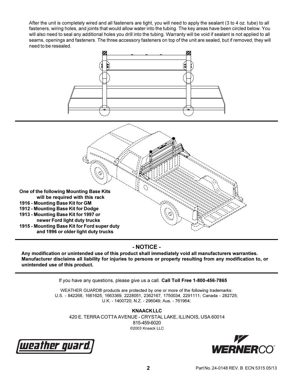 WEATHER GUARD Model 1908 PROTECT-A-RAIL® Heavy Duty Cab Protector, Steel User Manual | Page 2 / 2