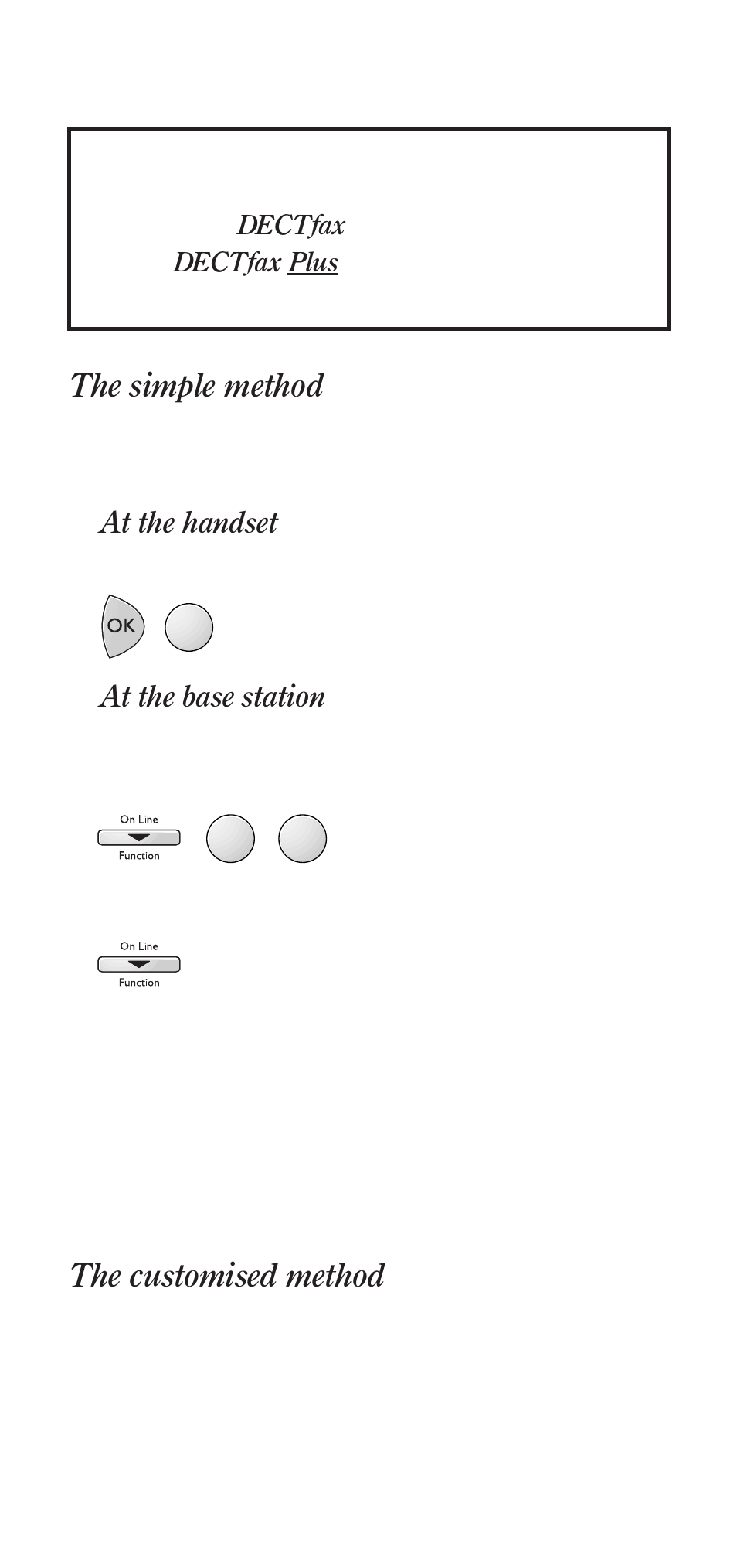The simple method, The customised method, At the handset press | Then, The connection icon will flash, At the base station press, The display shows 88 handset-- regi, Press | BT DECTfax User Manual | Page 8 / 31