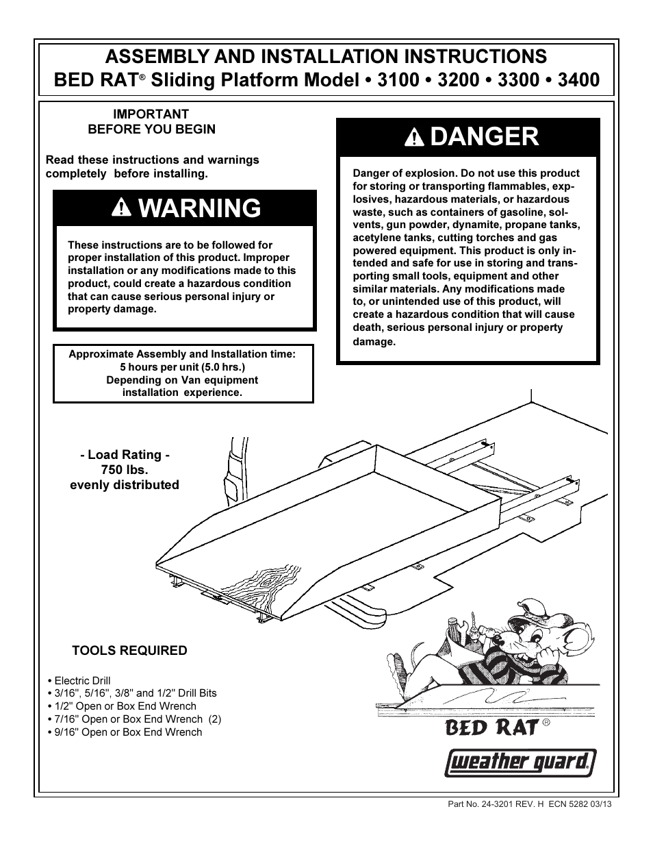 WEATHER GUARD Model 3400 BED RAT® Sliding Platform, 90 in x 44-3/4 in x 4-3/4 in User Manual | 6 pages