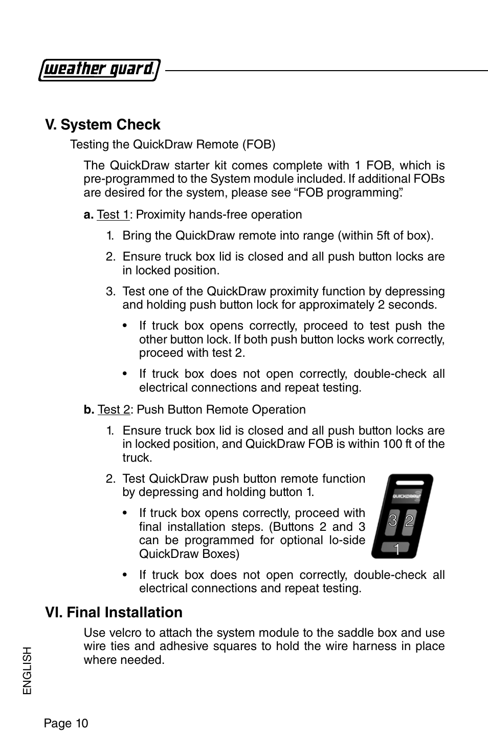 V. system check, Vi. final installation | WEATHER GUARD Model QDKSBP01 Quick Draw Kit, Lo-Side, Passenger Side User Manual | Page 10 / 16