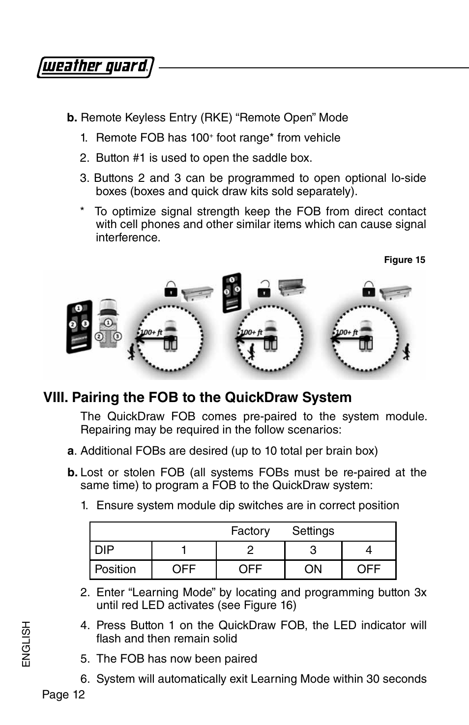 Viii. pairing the fob to the quickdraw system | WEATHER GUARD Model QDKSBP01 Quick Draw Kit, Lo-Side, Passenger Side User Manual | Page 12 / 16
