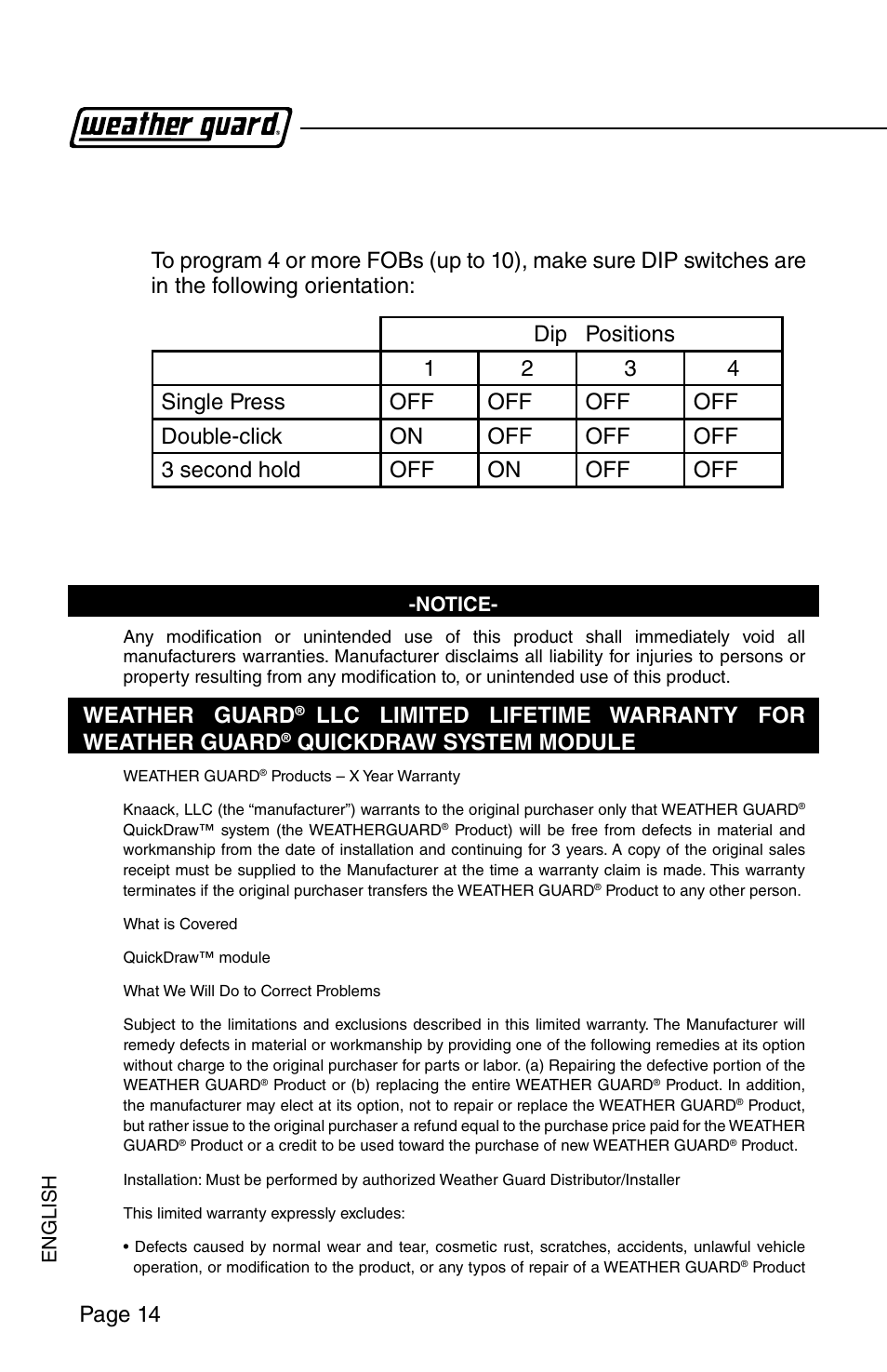 Page 14, Weather guard, Llc limited lifetime warranty for weather guard | Quickdraw system module | WEATHER GUARD Model QDKSBP01 Quick Draw Kit, Lo-Side, Passenger Side User Manual | Page 14 / 16