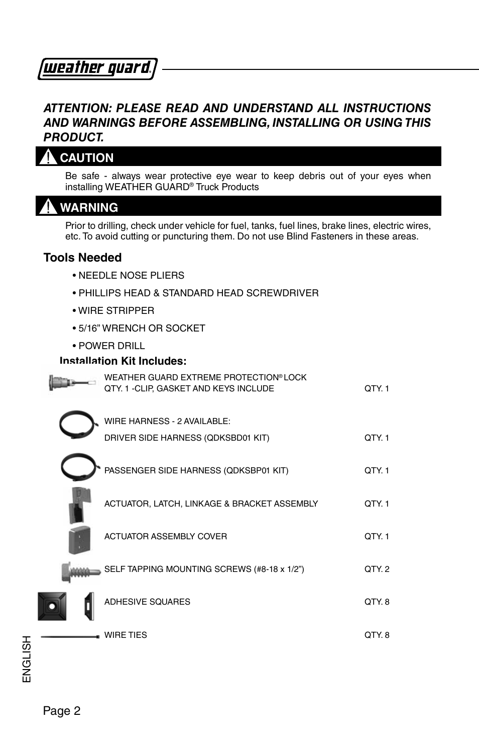 Page 2, Warning, Tools needed | English, Installation kit includes | WEATHER GUARD Model QDKSBP01 Quick Draw Kit, Lo-Side, Passenger Side User Manual | Page 2 / 16