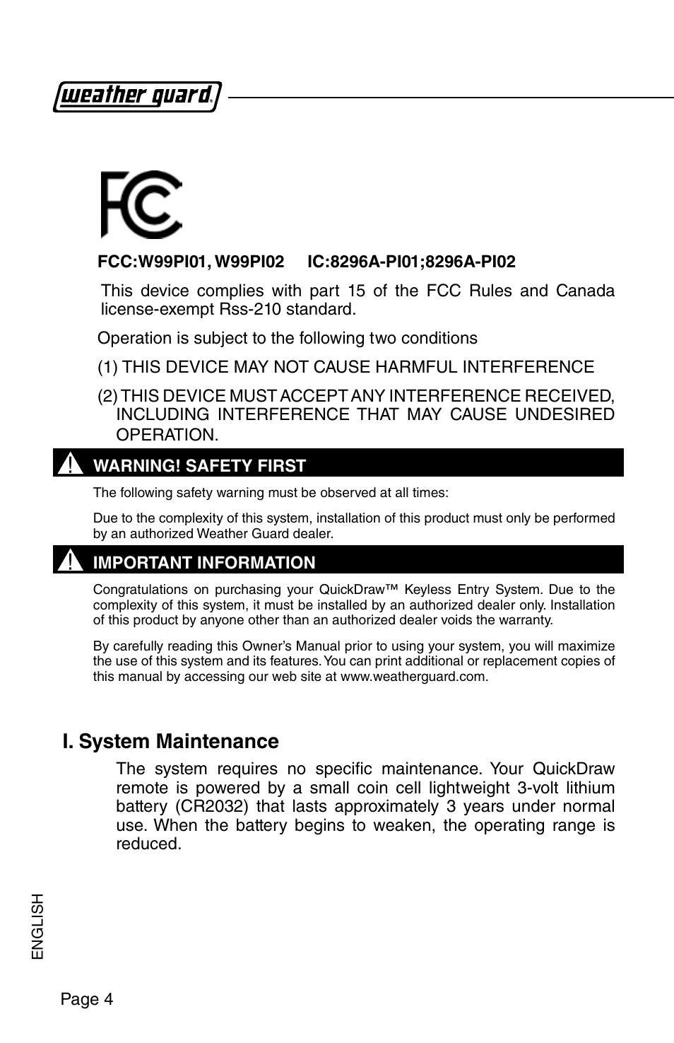 I. system maintenance | WEATHER GUARD Model QDKSBP01 Quick Draw Kit, Lo-Side, Passenger Side User Manual | Page 4 / 16