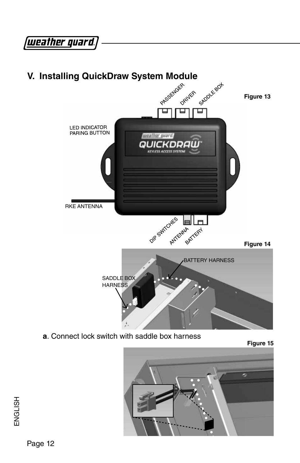 V. installing quickdraw system module, Page 12, A . connect lock switch with saddle box harness | WEATHER GUARD Model QDSKSA01 Quick Draw Kit, Saddle Box User Manual | Page 12 / 24