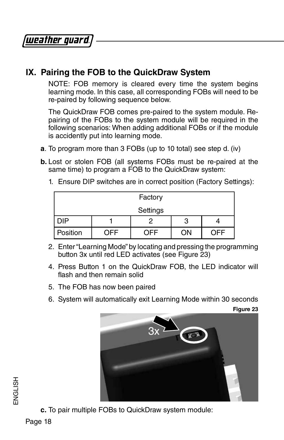 Ix. pairing the fob to the quickdraw system | WEATHER GUARD Model QDSKSA01 Quick Draw Kit, Saddle Box User Manual | Page 18 / 24