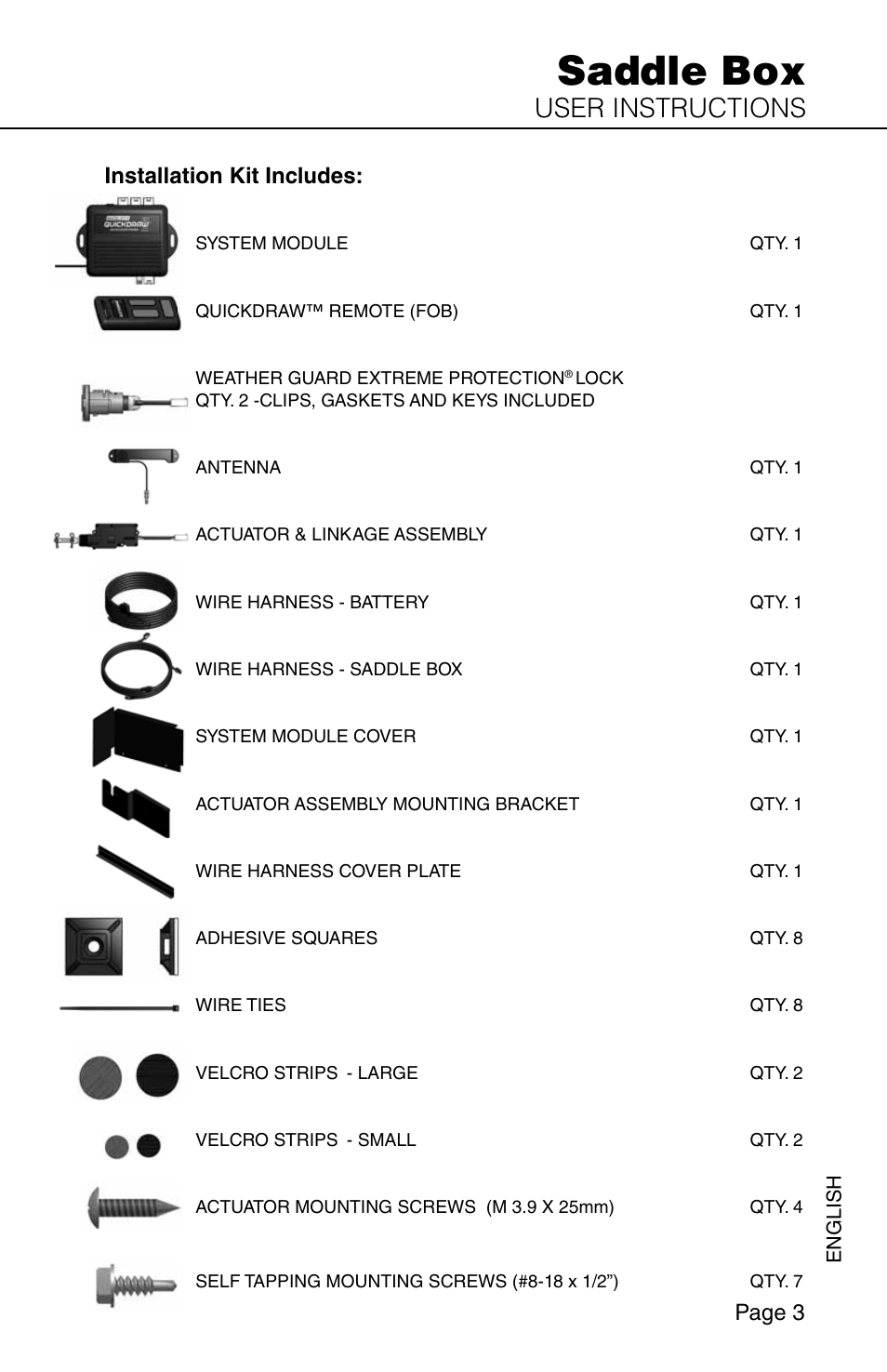 Saddle box, User instructions, Page 3 | Installation kit includes | WEATHER GUARD Model QDSKSA01 Quick Draw Kit, Saddle Box User Manual | Page 3 / 24