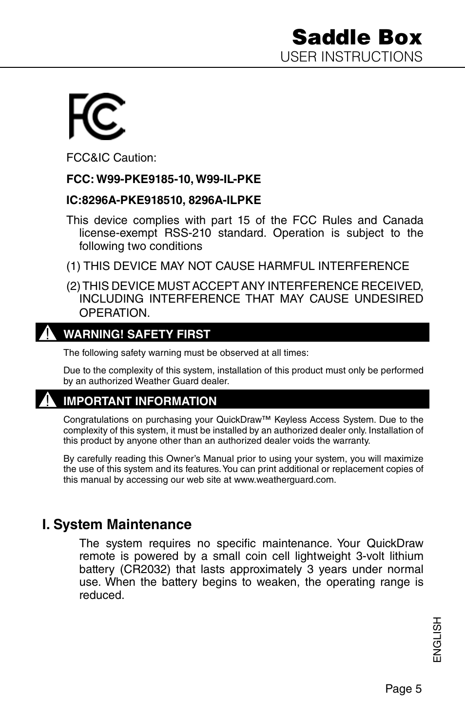 Saddle box, User instructions, I. system maintenance | WEATHER GUARD Model QDSKSA01 Quick Draw Kit, Saddle Box User Manual | Page 5 / 24