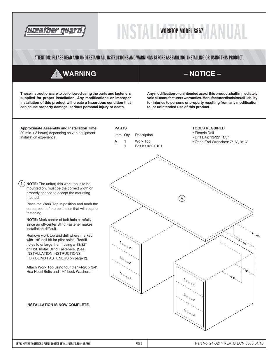 WEATHER GUARD Model 8867-3-01 Work Top, Steel, 1-1/2 in x 42 in x 18 in User Manual | 2 pages