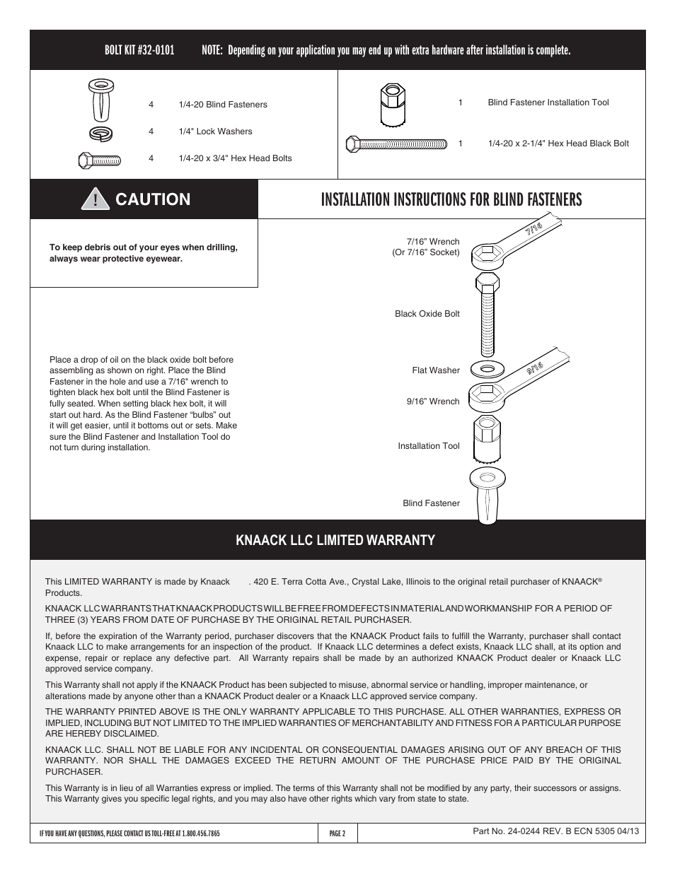 Installation instructions for blind fasteners, Caution, Knaack llc limited warranty | WEATHER GUARD Model 8867-3-01 Work Top, Steel, 1-1/2 in x 42 in x 18 in User Manual | Page 2 / 2