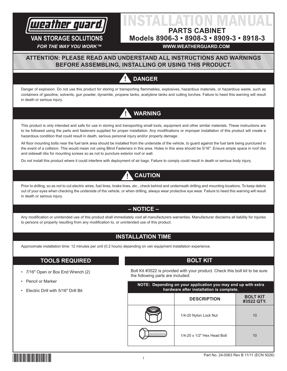 WEATHER GUARD Model 8908-3 Parts Cabinet, 8 Drawer User Manual | 3 pages