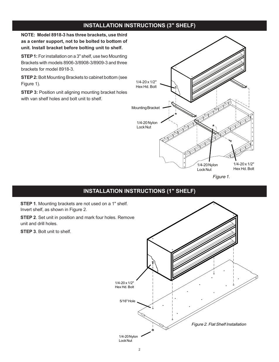 Installation instructions (1" shelf), Installation instructions (3" shelf) | WEATHER GUARD Model 8908-3 Parts Cabinet, 8 Drawer User Manual | Page 2 / 3